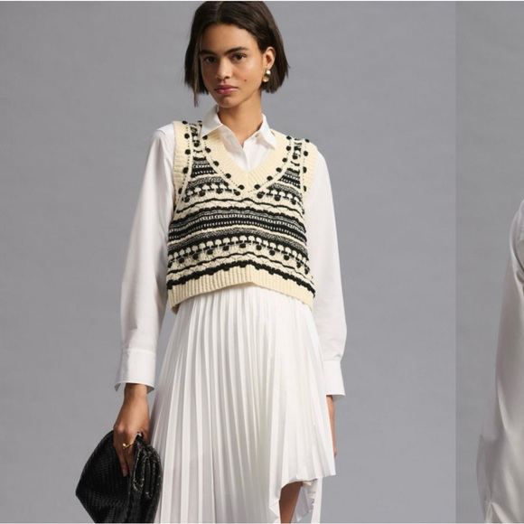 Pilcro By Anthropologie V Neck Cropped Vest Black & Cream Womens XS‎ Boho Preppy - Picture 1 of 8